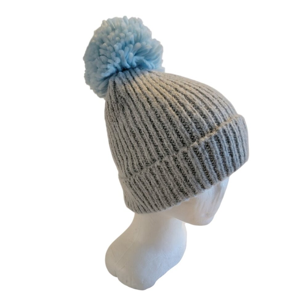 Steve Madden Beanie‎ Womens One Size Gray Knit Acrylic Poly Giant Blue Pom Pom